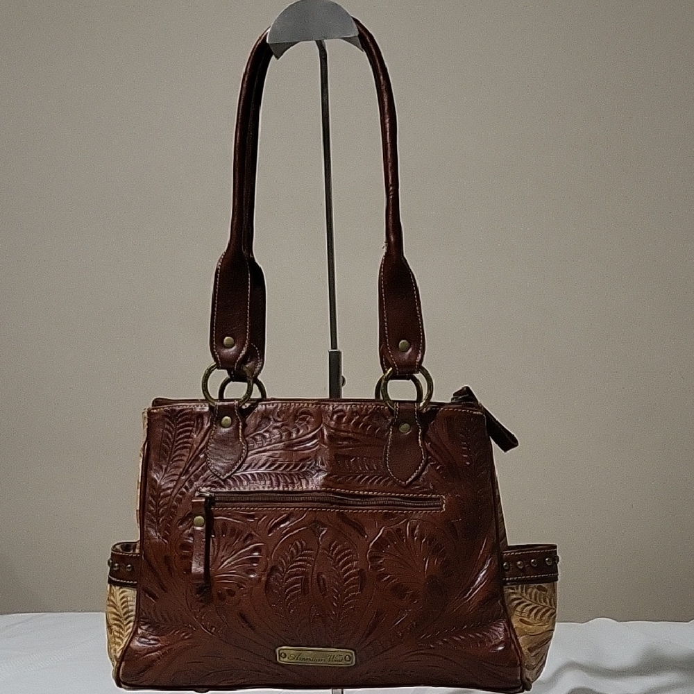 American West Elegant Brown Tooled Western Style  Leather Handbag